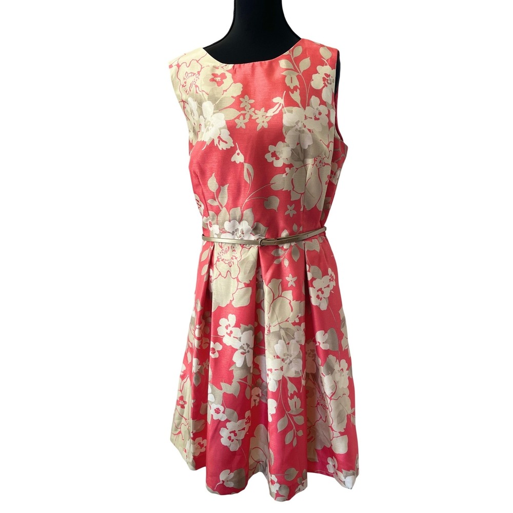 Karin Stevens Floral Fit Flare Dress Women 14 Coral Pink Belted Pockets Lined‎